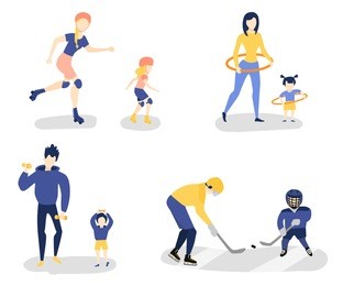 set of parents and kids doing sport activities together - roller skating, twirling hula hoop, weightlifting, playing hockey, flat style vector illustration isolated on white background. family sport