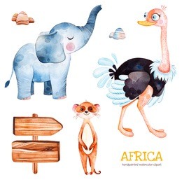 africa watercolor set.safari collection with ostrich,elephant,meercat,wooden sign,stones.watercolor cute animals.perfect for wallpaper,print,packaging,invitations,baby shower,patterns,travel,logos etc