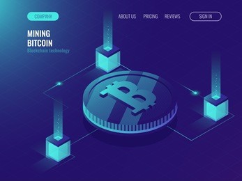 server room for mining crypto currency bitcoin, computer technology web page, data center, cloud processing services ultraviolet isometric vector illustration