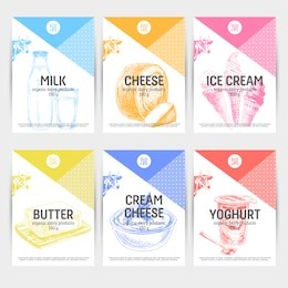 beautiful vector hand drawn dairy products card set. detailed trendy style backgrounds. modern sketch elements collection for packaging design.