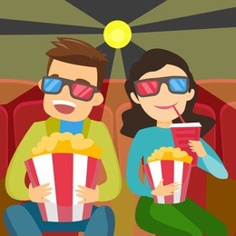 caucasian white friends watching three d movie. young couple in 3d glasses watching movie and eating popcorn in the cinema. vector cartoon illustration isolated on white background. square layout.