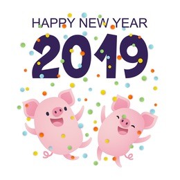 vector illustration, happy new year 2019 card with cute cartoon pigs and confetti.