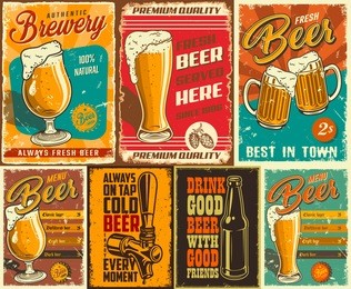 set of beer poster in vintage style with grunge textures and beer objects. vector illustration.