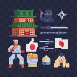 japan culture pixel art icons set part 3, asian temple pagoda, karate sumo and ninja character japanese weapon, isolated vector illustration. design for sticker logo and mobile app. game asset 8-bit.