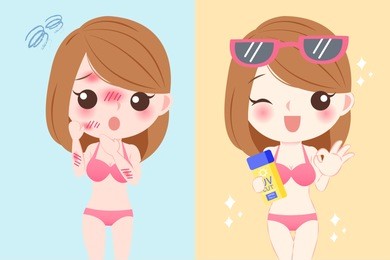 cute cartoon woman with sunscreen in the summer