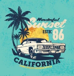 vintage car. sunset beach. illustration tee print design
