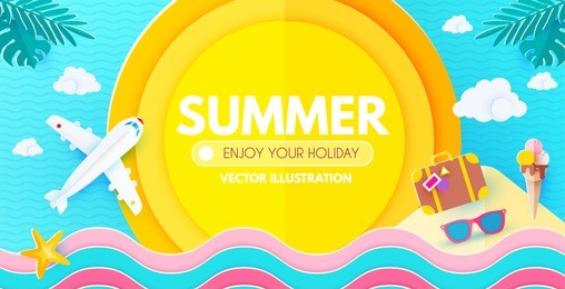 summer background with travel vacation elements. exotic trip design. paper art. plane, waves, sun,starfish, palm leaves, plumeria flower, sunglasses, ice cream, island,suitcase. vector illustration