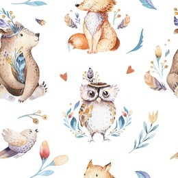 baby animals nursery isolated seamless pattern with bannies. watercolor boho cute baby fox, deer animal rabbit and bear isolated illustration for children. bunny image