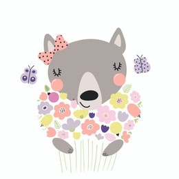 hand drawn vector illustration of a cute funny wolf holding a bouquet of flowers, with butterflies. isolated objects. scandinavian style flat design. concept for children print.