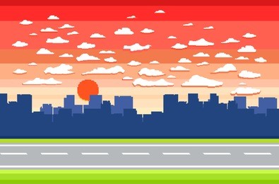 pixel art game background with road, ground, grass, sky, clouds, silhouette city and sun
