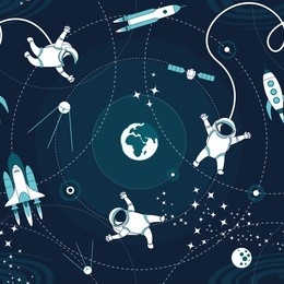 space orbit spaceships cosmos astronaut spaceman characters exploring outer space seamless abstract background cartoon pattern for wallpaper, textile, prints. flat line design. illustration.