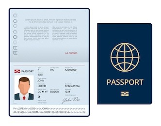 vector blank open passport template. international passport with sample personal data page. document for travel and immigration. isolated vector illustration.