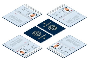vector isometric blank open passport template. international passport with sample personal data page. document for travel and immigration. isolated vector illustration.