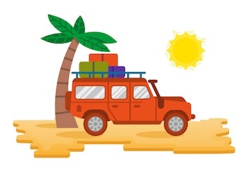 big good orange safari car auto truck suv for traveling, travel, family trip on beach  hot desert in summer sea ocean holiday, camping outdoor. modern vector style illustration icon flat design.