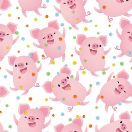 vector illustration, seamless pattern with cute  cheerful pig characters.