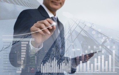 stock market analyzing, business profits presentation, double exposure businessman analyzing financial graph, sector performance, financial background and cityscape, economic growth report concept