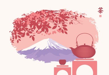 vector illustration of a chinese landscape with teapot and cup on the background of flowering tree and snow covered mountain. watercolor in china style. hieroglyph tea