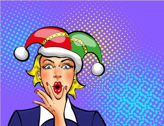 illustration of april fools day woman in jester hat. beautiful woman clown in retro pop art comic style.