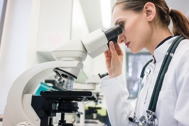 doctor or biologist with stethoscope scrutinizing tissue under microscope