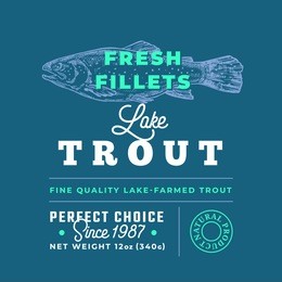 fresh fillets premium quality label . abstract vector fish packaging design layout. retro typography with borders and hand drawn lake trout silhouette background.