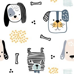 seamless pattern with cute dog faces and hand drawn elements. creative childish texture. great for fabric, textile vector illustration