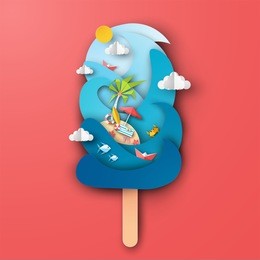 design the sea in ice cream shape with beach equipment on red background. graphic design for summer. paper art and craft style. vector, illustration.