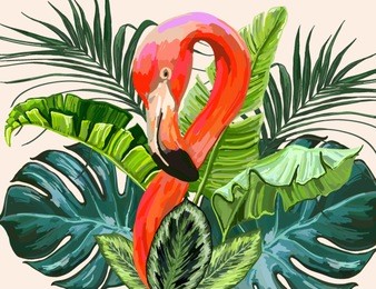 vector vintage composition with exotic leaves, pink flamingo. botanical classic illustration. perfect for wallpapers, web page backgrounds, surface textures, textile.