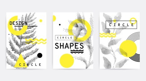 universal trend poster juxtaposed with bright bold geometric leaves foliage yellow elements composition. background in restrained sustained tempered style. magazine, leaflet, billboard, sale