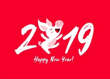 cute funny pig. happy new year. chinese symbol of the 2019 year. excellent festive gift card. vector illustration on red background.