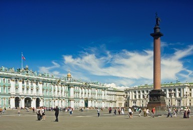 winter palace and alexander column on palace square in st. petersburg.