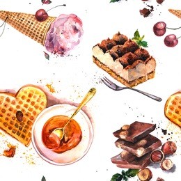 hand drawn beautiful watercolor seamless pattern different sweets.