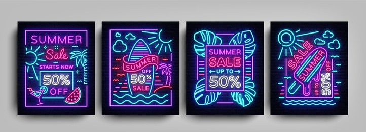 summer sale collection posters in neon style. set neon signs summer sales, design template summer discounts, light banner, brochure, night bright advertising sale and discount. vector illustration