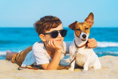 happy 8 year old boy hugging his dog breed jack russell at the seashore against a blue sky close up at sunset. best friends rest and have fun on vacation, play in the sand against the sea