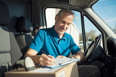 happy delivery man with cardboard box checking list in van. smiling courier checking list on clipboard. deliveryman sitting in van and checking the delivery list.