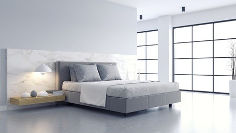 bedroom and modern loft style.,cozy white and gray room minimalist concept ,bed with polished concrete floor and white wall ,3d rendering
