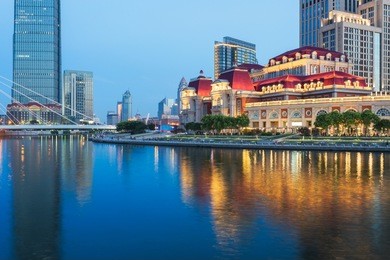 illuminated haihe river scenery,tianjin,china.