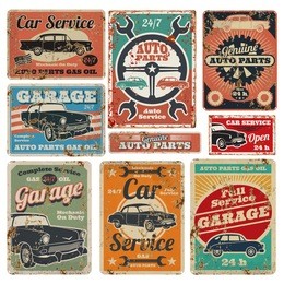 vintage road vehicle repair service, garage and car mechanic advertising metal signs. garage repair service old banner illustration