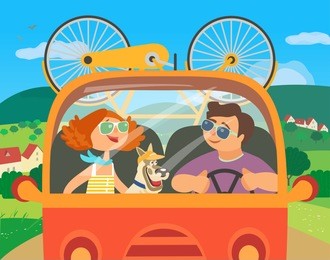 travel by car concept. young happy couple, dog tripping outside, drive car by rural road to village community. summer vacation. cute fancy cartoon colordul landscape background. vector illustration