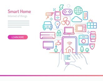 smart home (iot) conceptual illustration. electronic devices such as washing machines, air conditioner, oven, computer, solar cell etc. connected and controlled from mobile device..