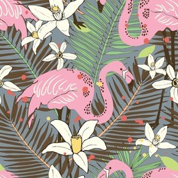 abstract hand painted seamless animal background. isolated birds flamingo tropical pattern with palm leaves. vector illustration.