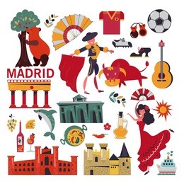 madrid. spain. set of vector icons on isolated background. bullfighting, flamenco, paella, guitar, football. flat design