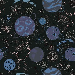 cosmic seamless pattern with planets, comets, stars in outer space. cosmos vector background. trendy hand drawn illustration in cartoon style. childish design.