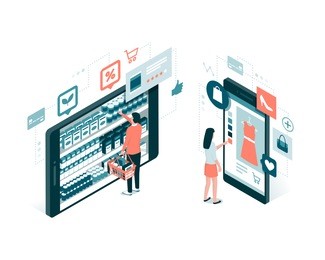 users doing online shopping and buying grocery items using a mobile app: technology and retail concept