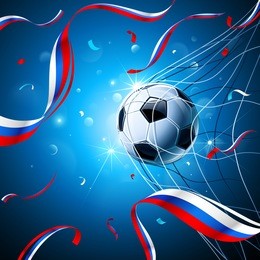 soccer ball with flag of russia and confetti on a blue background. vector illustration