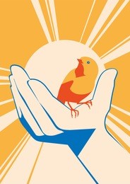little bird in hand. vector flat illlustration