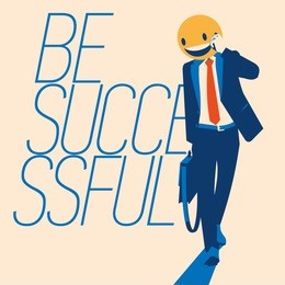 successful businessman with a smiley face instead of his head. vector flat illustration of a business smiley with a tie. concept poster