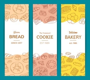 vector vertical web banner templates with hand drawn doodle bakery elements and place for text