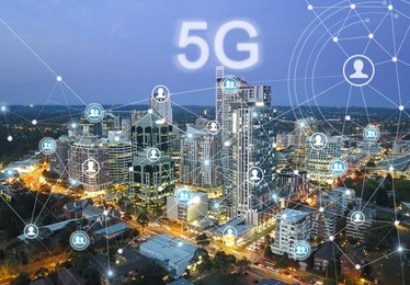 smart city and communication network concept. 5g network wireless systems and internet of things with modern city