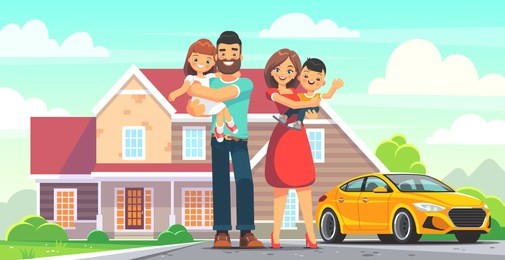 happy family in front of the house. mom and dad, daughter and son on the background of their home. vector illustration in flat style