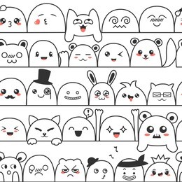 seamless pattern with cute lovely kawaii monsters and animals. doodle cartoon clouds with faces in manga style. cute emoticon emoji hand drawn characters. emotion smile cartoon
